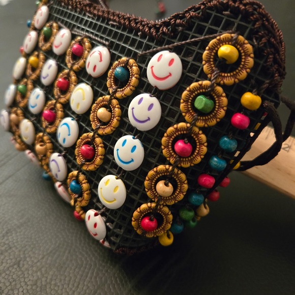 VTG Boho 90s Smiley Face Coconut Shell Beaded Festival Mini Crossbody Bag Y2K - Picture 7 of 12